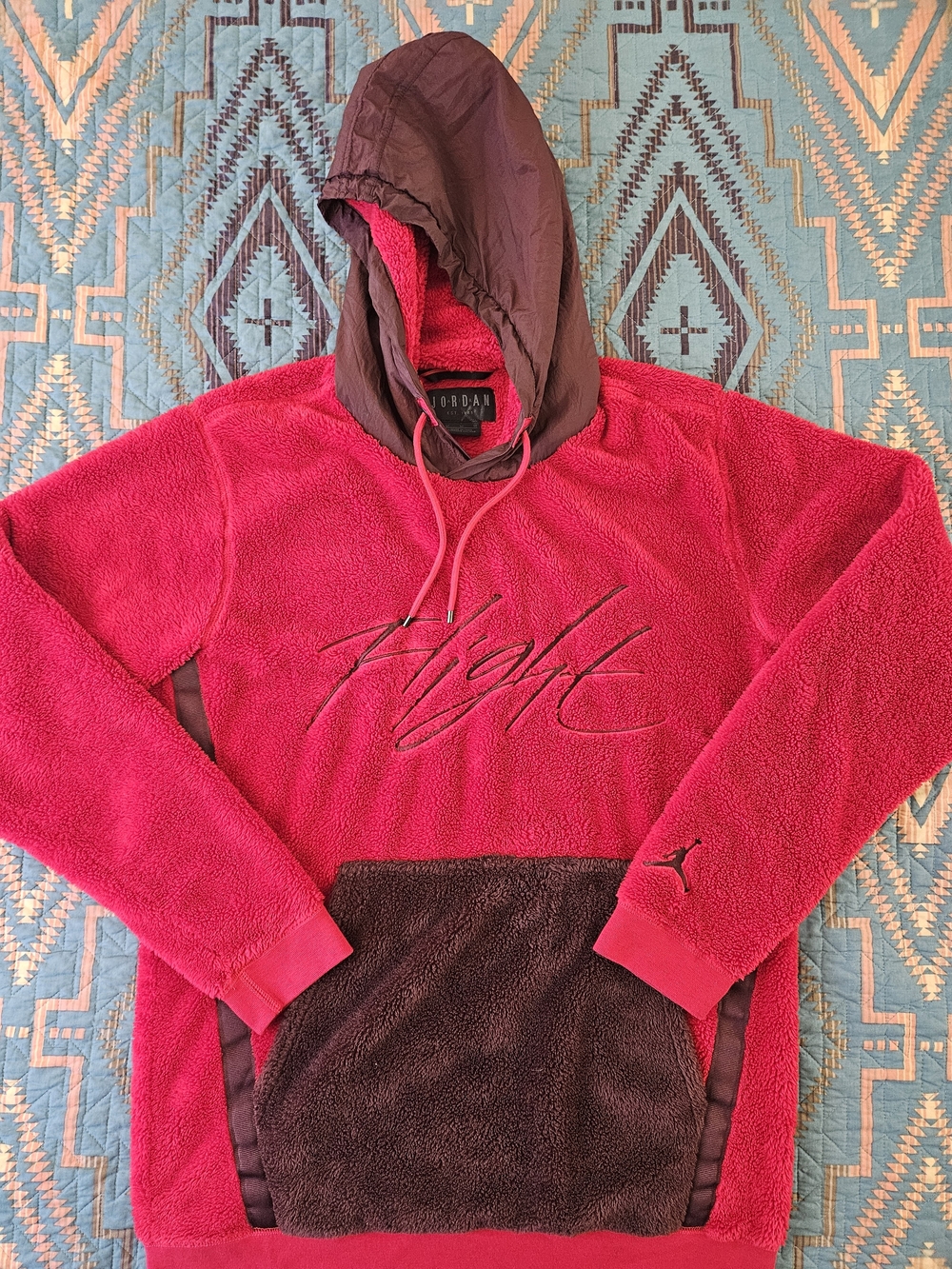 Jordan Men’s Red Fleece Hoodie with Brown Hood and Pocket